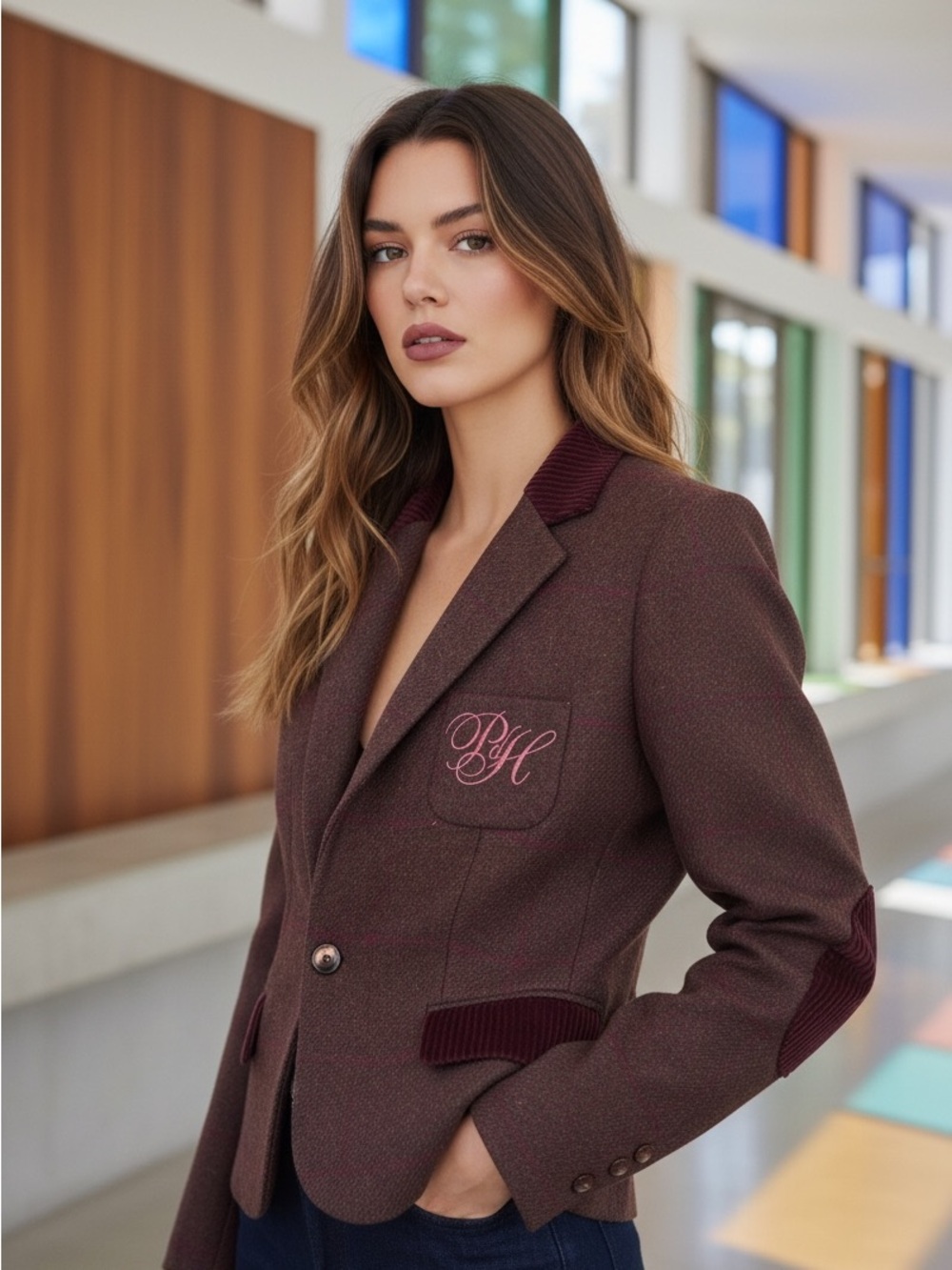 Pedro del Hierro Wool Blazer Womens US 6 Brown Plaid Corduroy Equestrian preppy